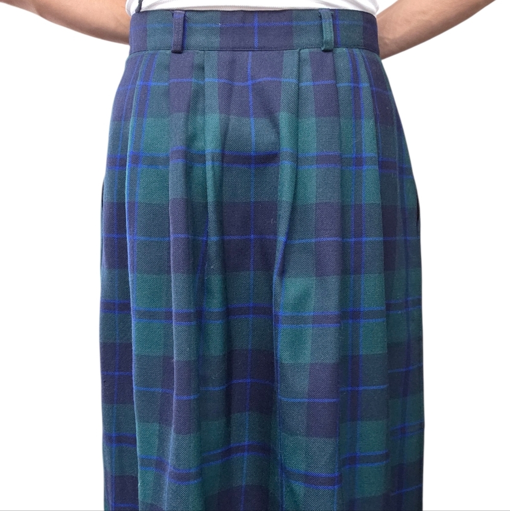 Vintage 90s Plaid Wool Midi Skirt Size 12 Green Tartan Button Front - Picture 4 of 11